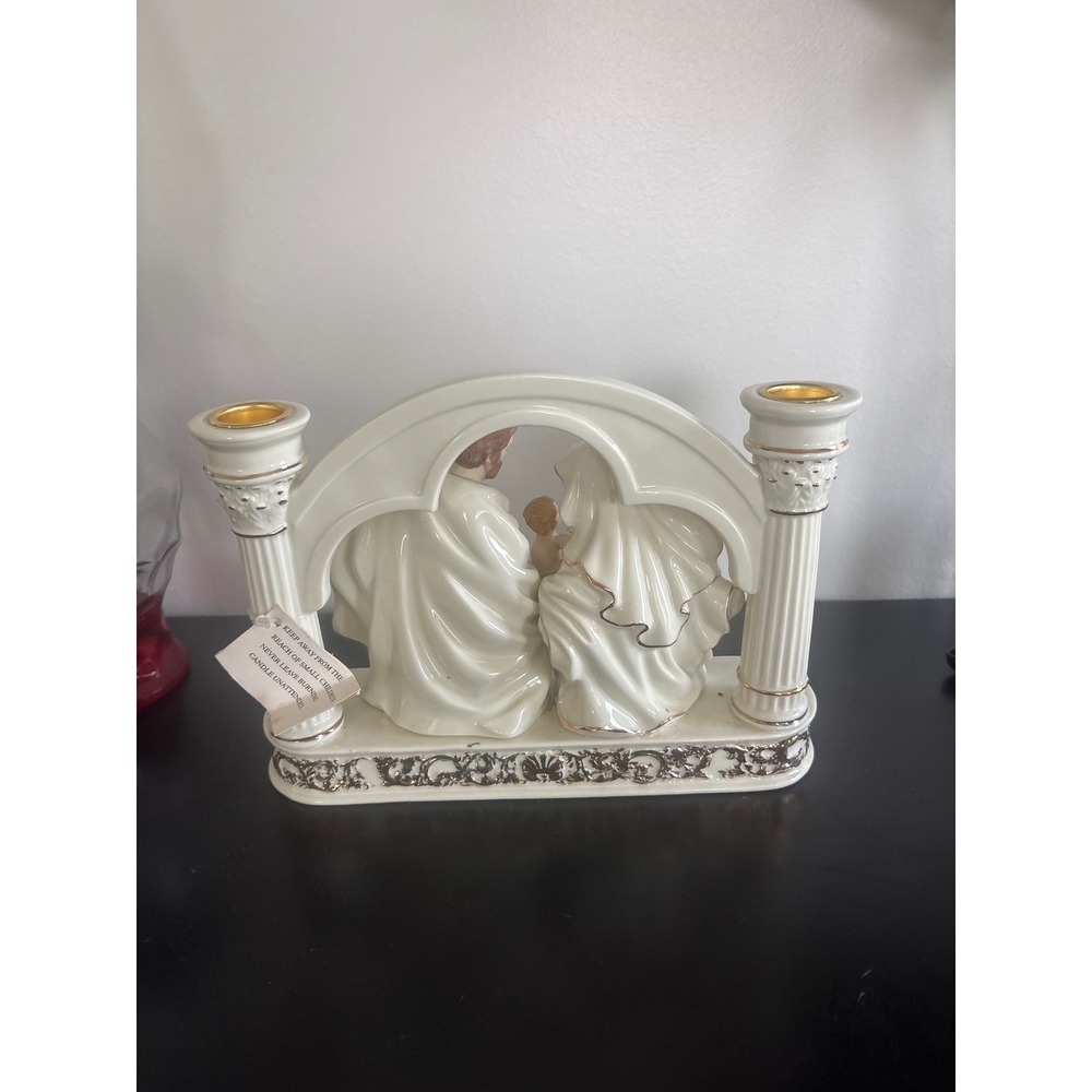 Vintage Holy Family Nativity Ceramic Double Taper Candle Holder Cream Gold - Picture 2 of 6